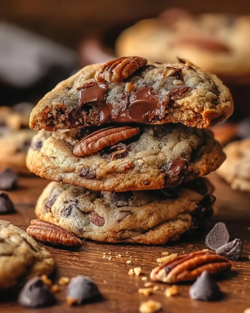 Chocolate chip pecan cookies on a plate, fresh and homemade