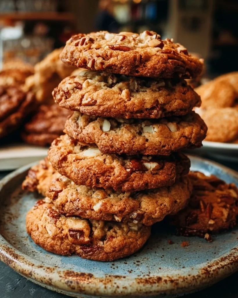 Plate of homemade Church Lady Butter Pecan Cookies with pecans