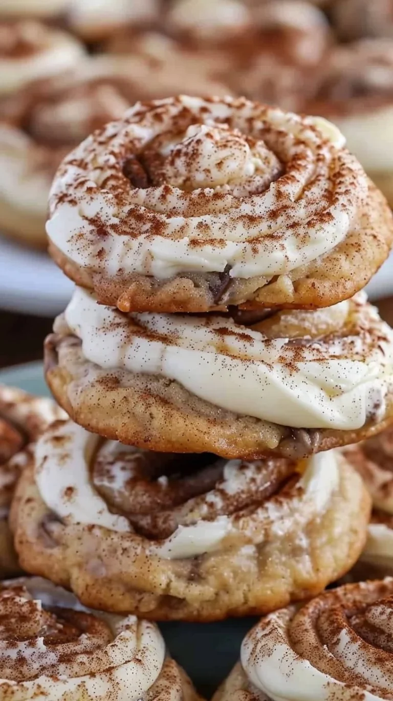 Freshly baked cinnamon roll cheesecake cookies with cream cheese and cinnamon swirls