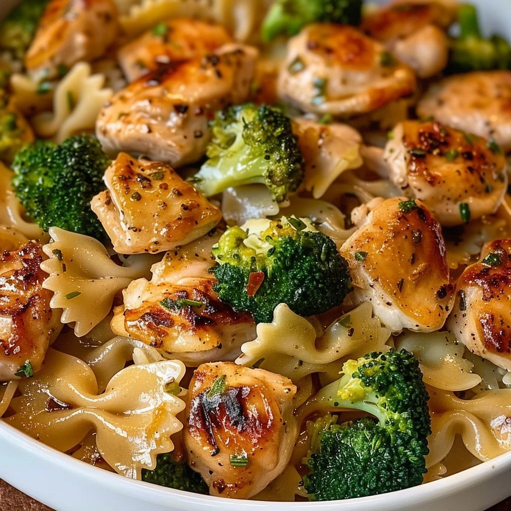 Cowboy Butter Lemon Bowtie Chicken with Broccoli dish garnished and ready to serve