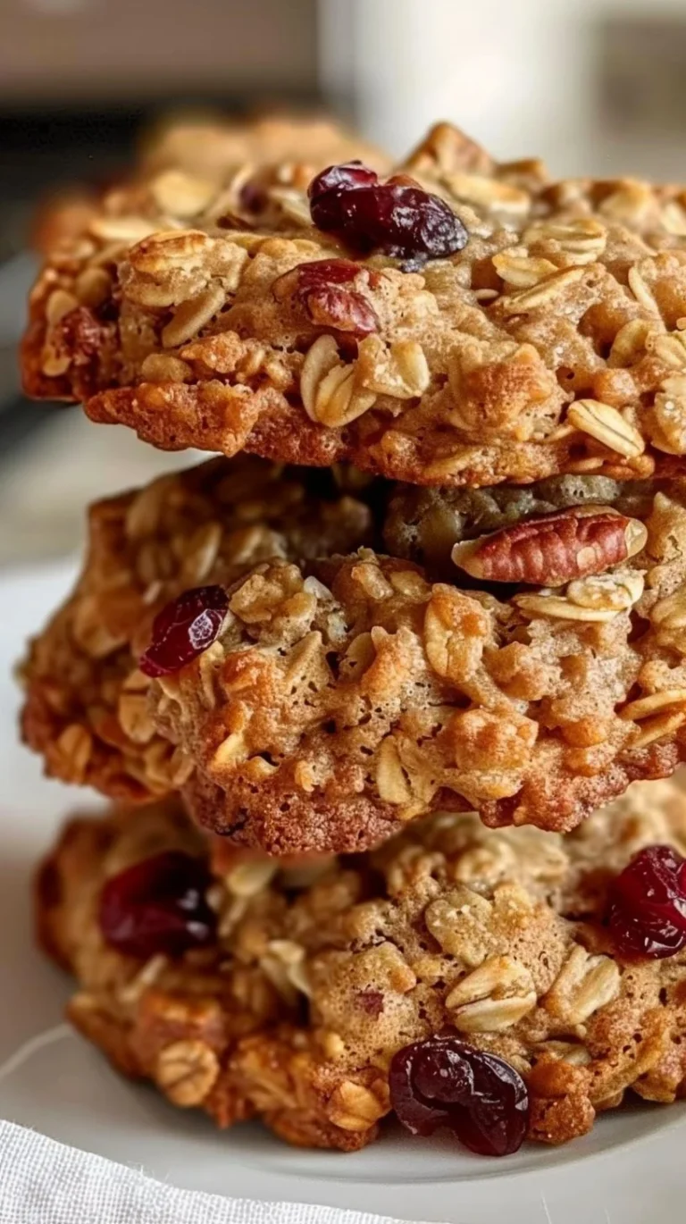 Batch of delicious Cranberry Walnut Oatmeal Cookies on a rustic wooden table