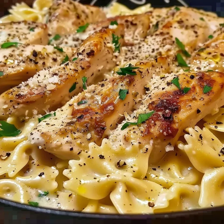 Creamy garlic chicken bowtie pasta served in a bowl with fresh herbs