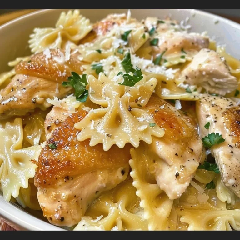 Creamy lemon chicken served over pasta in a bowl garnished with parsley.