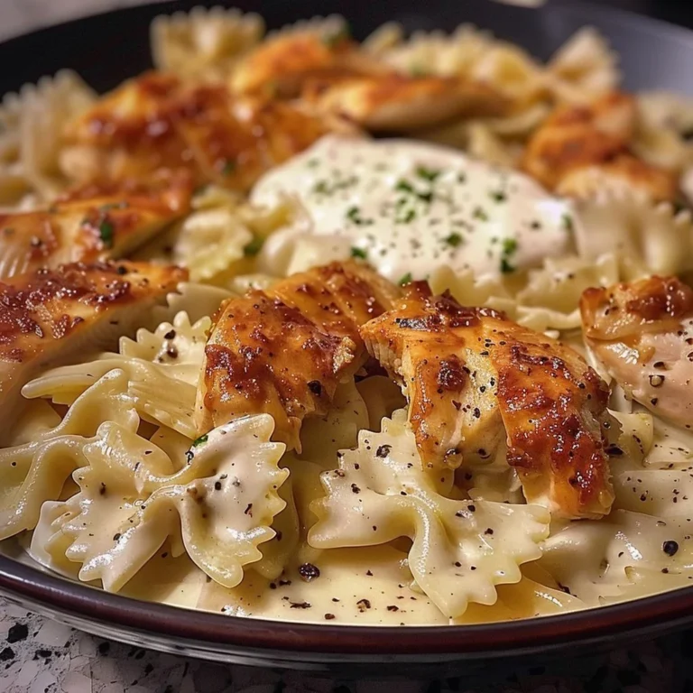 Creamy mozzarella garlic butter chicken served with bowtie pasta