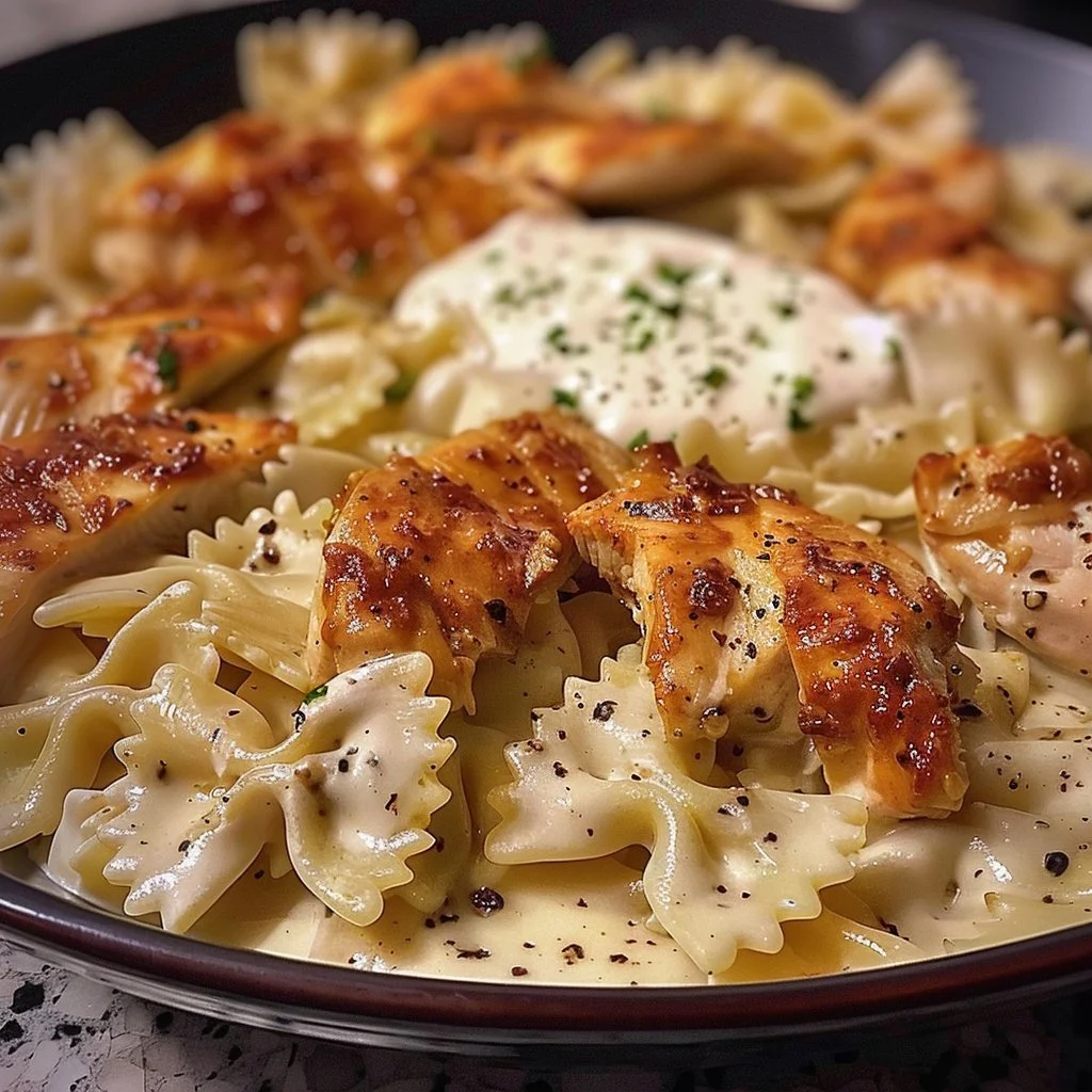 Creamy mozzarella garlic butter chicken served with bowtie pasta