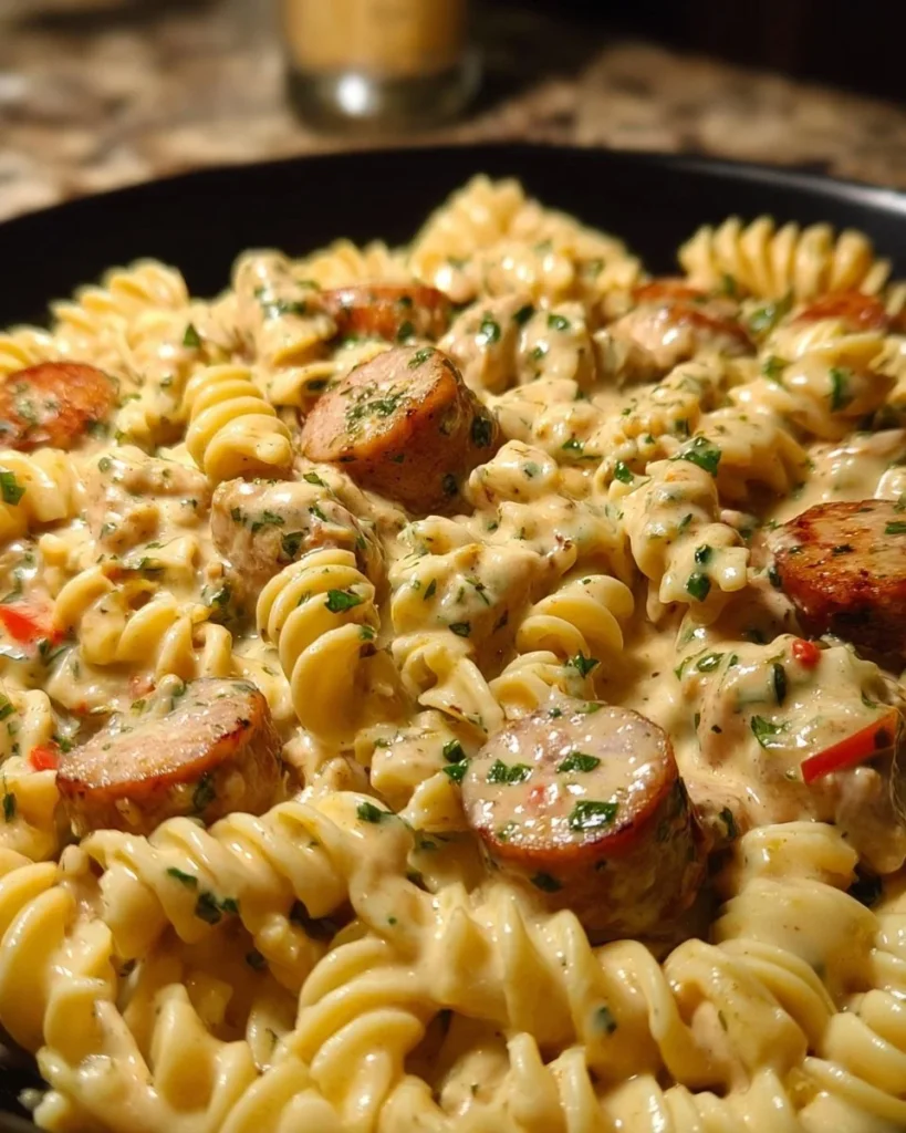 Creamy Pepper Jack Chicken with Sausage Pasta served on a plate