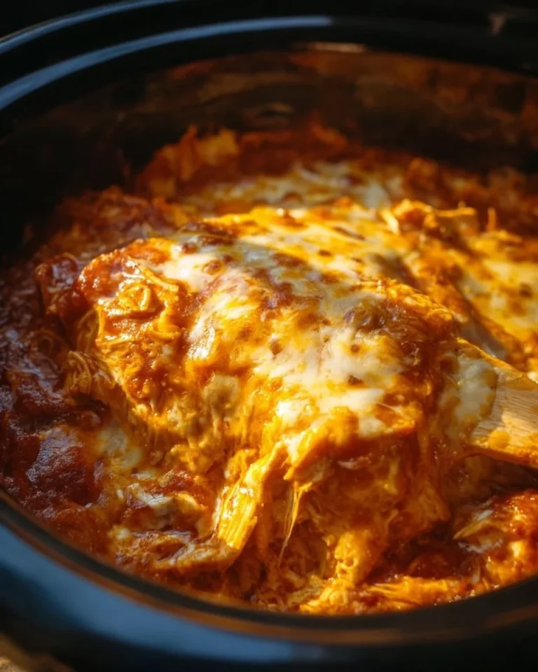 Crockpot Chicken Enchilada Casserole with cheese and toppings