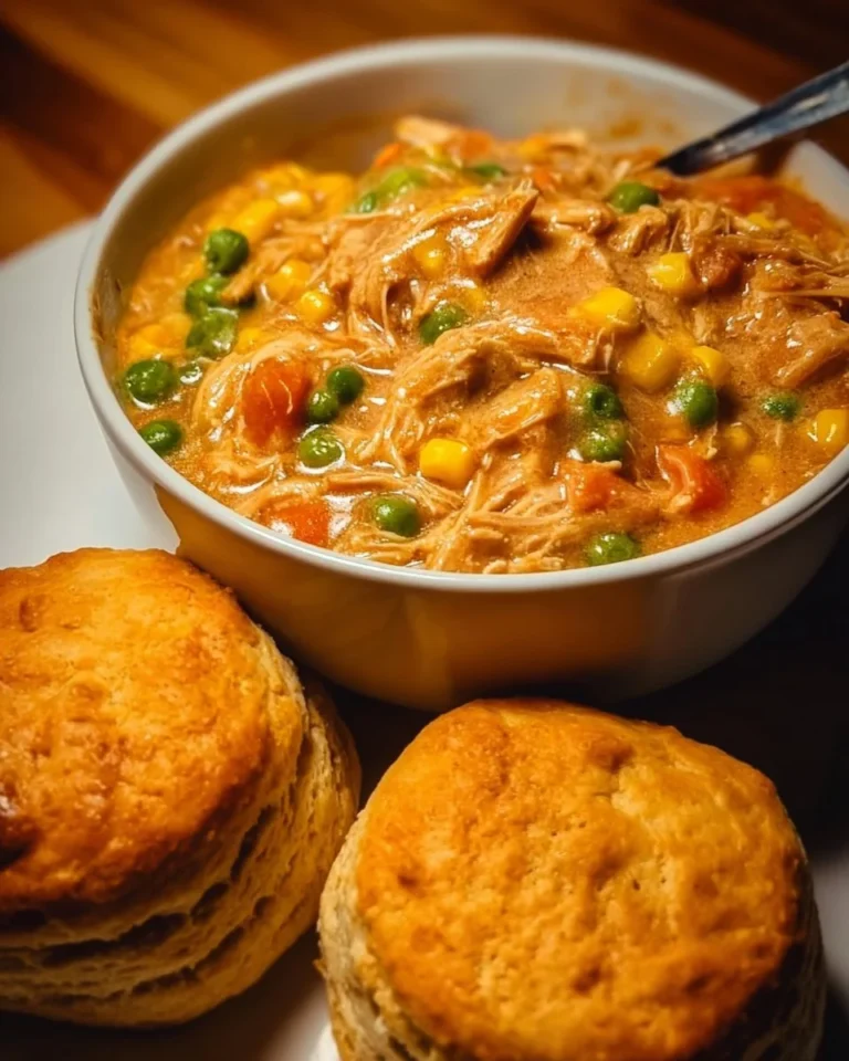 Crockpot Chicken Pot Pie Stew served in a bowl with vegetables and chicken.