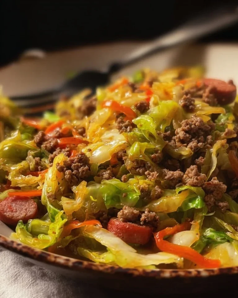 Dish of dirty cabbage with smoked turkey sausages served in a bowl.