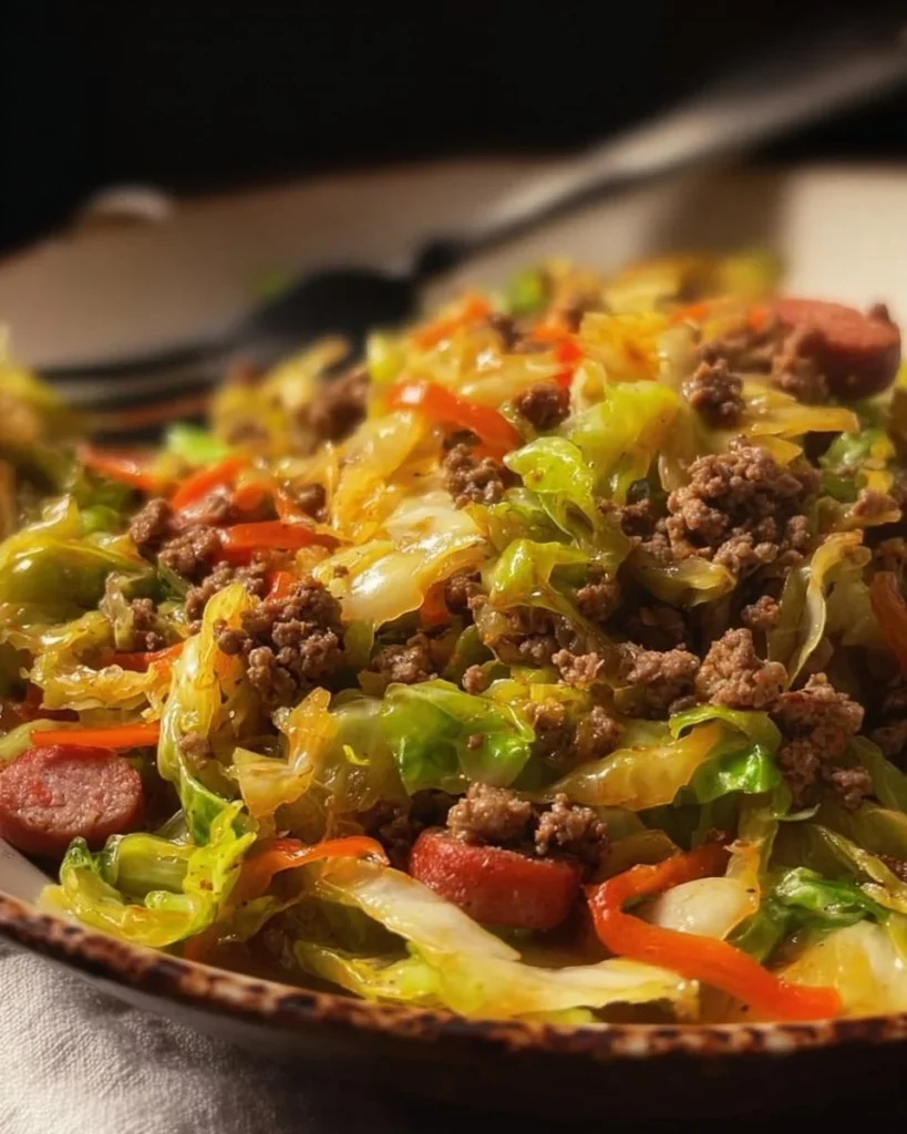 Dish of dirty cabbage with smoked turkey sausages served in a bowl.