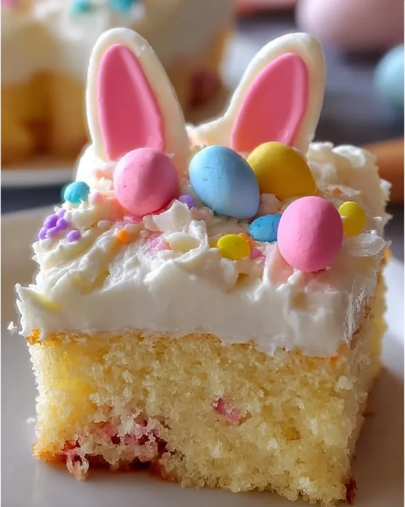 Easter Bunny Poke Cake decorated with bunny-themed frosting and colorful sprinkles.