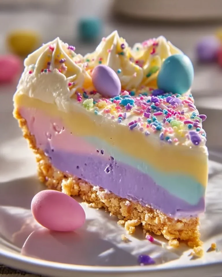 Colorful Easter Jell-O Pie with layers of vibrant gel and whipped topping