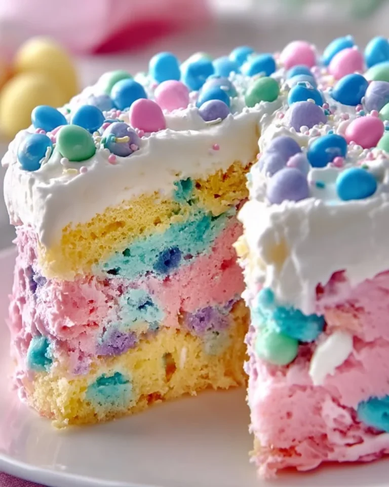 Easter Poke Cake decorated with festive colors and toppings
