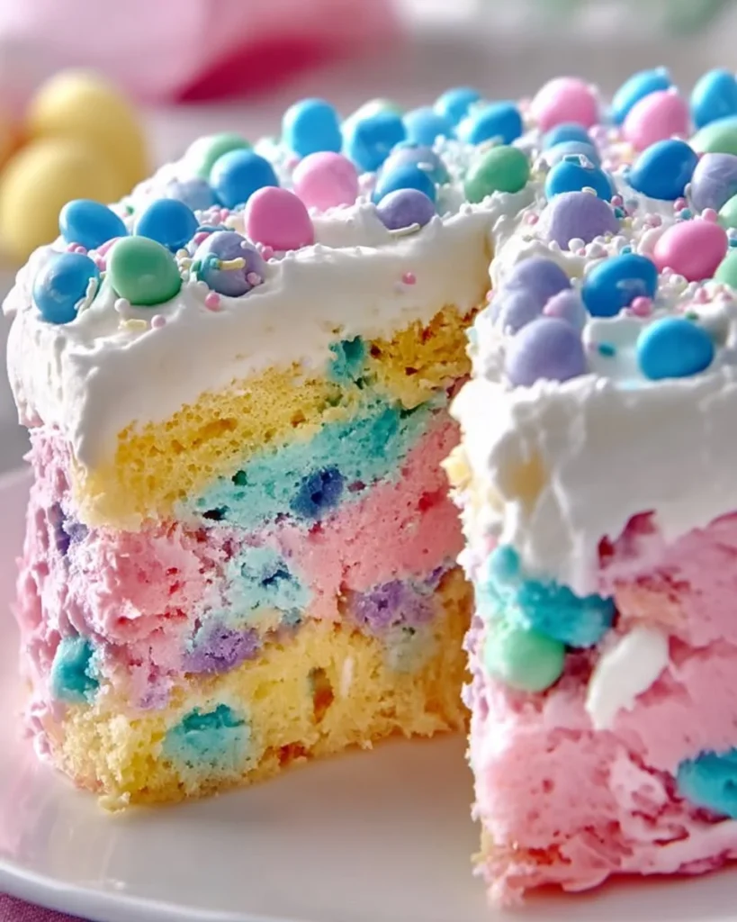 Easter Poke Cake decorated with festive colors and toppings