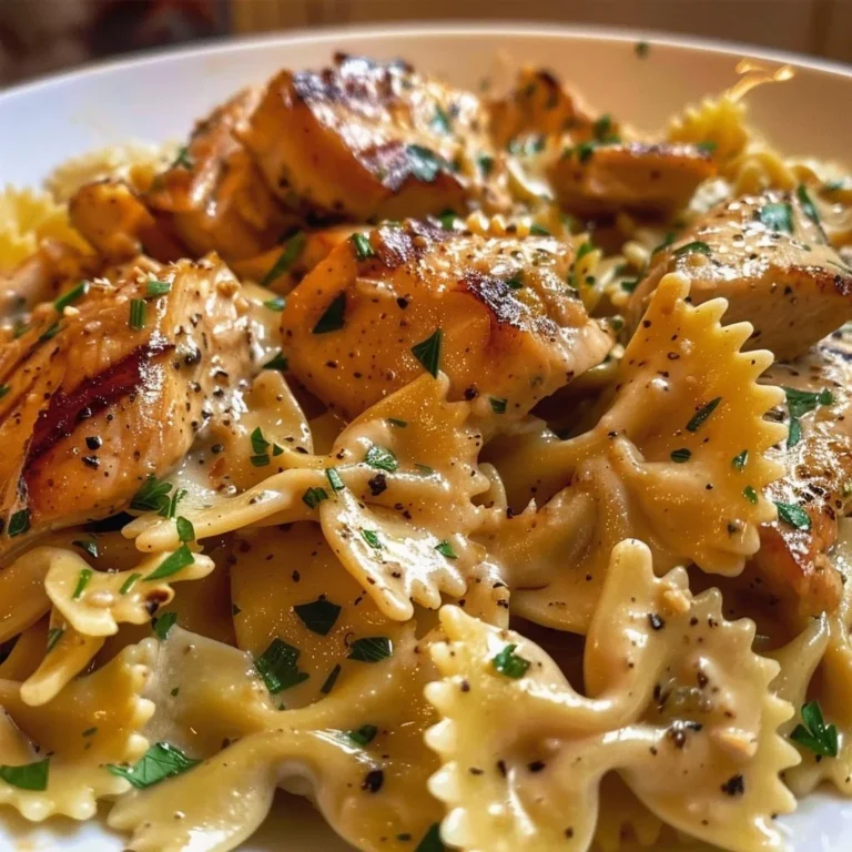 Creamy garlic butter chicken served over bowtie pasta with herbs and spices.