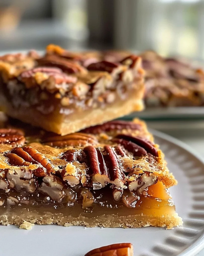 Delicious homemade easy pecan pie bars served on a white plate