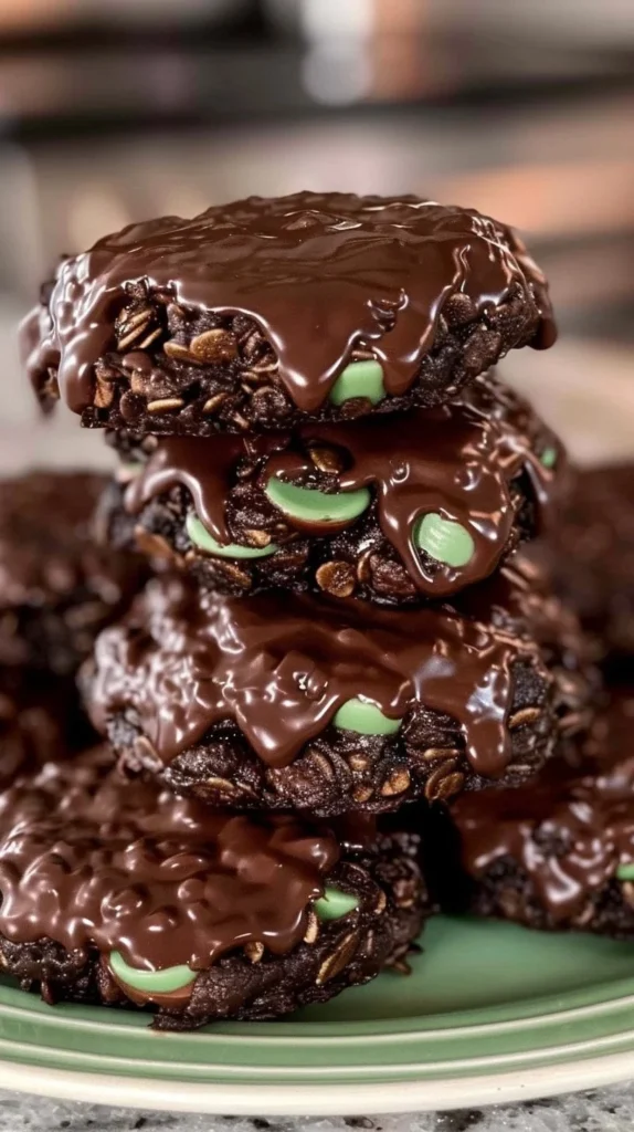 Fudgy mint chocolate no-bake cookies stacked on a plate