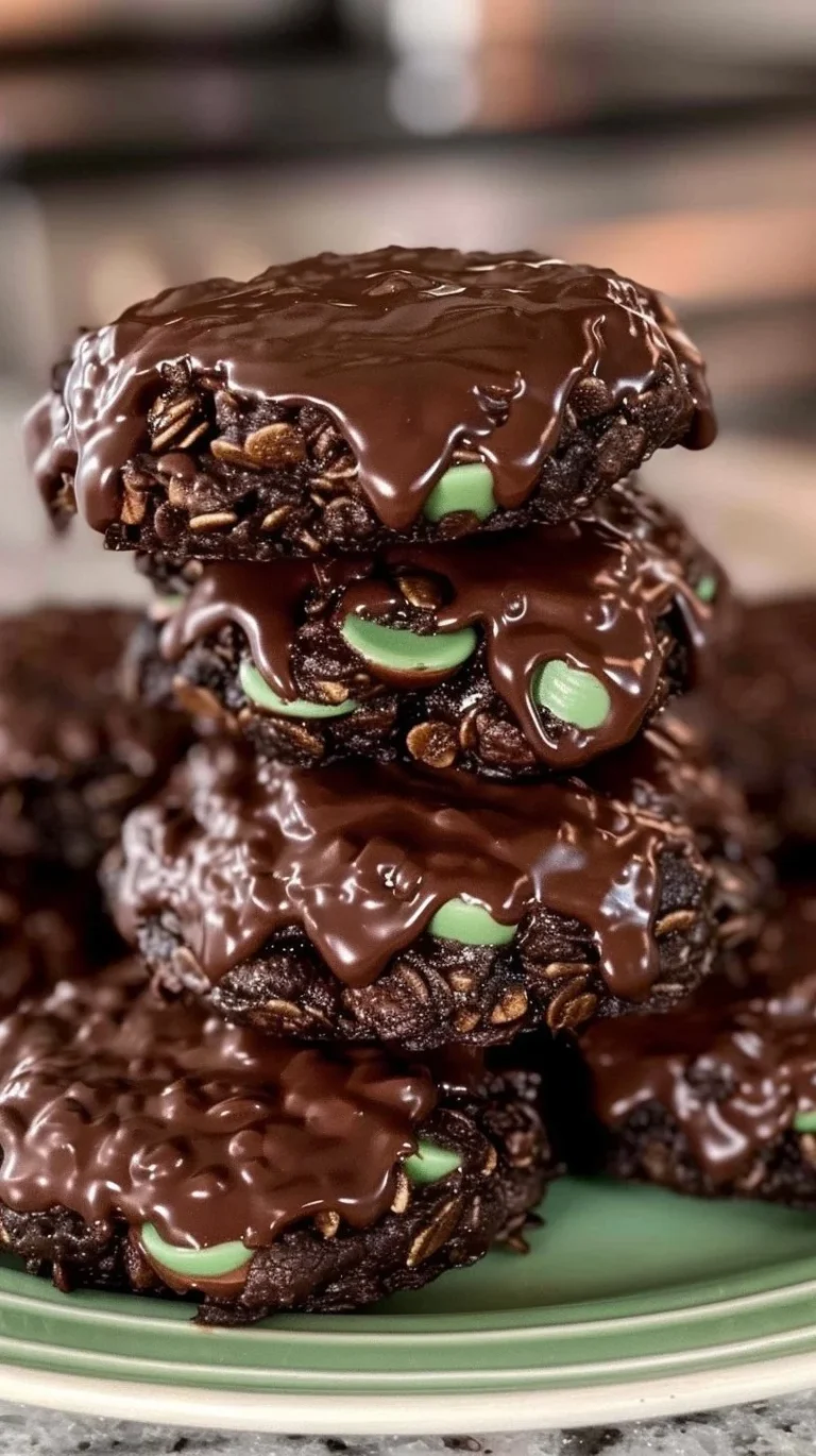 Fudgy mint chocolate no-bake cookies stacked on a plate