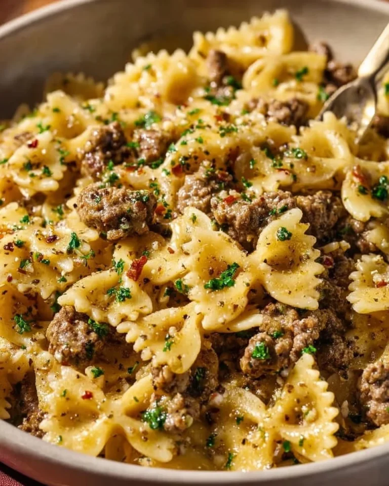Garlic Butter Pasta with Bowtie Noodles and Ground Beef in a bowl