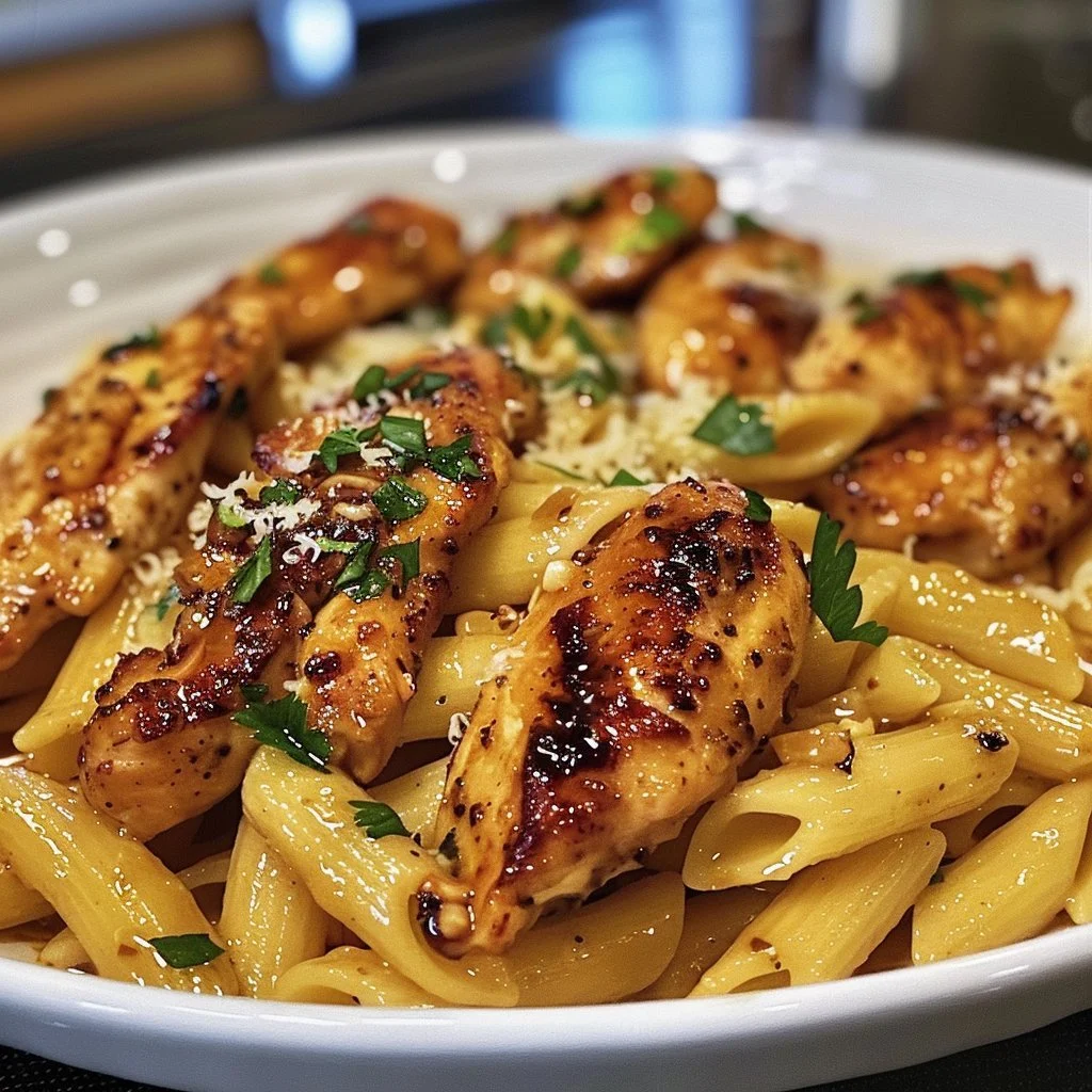 Plate of Garlic Butter Chicken Bites Pasta garnished with herbs
