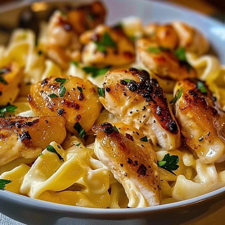 Delicious Garlic Butter Chicken Bites served with creamy Parmesan pasta