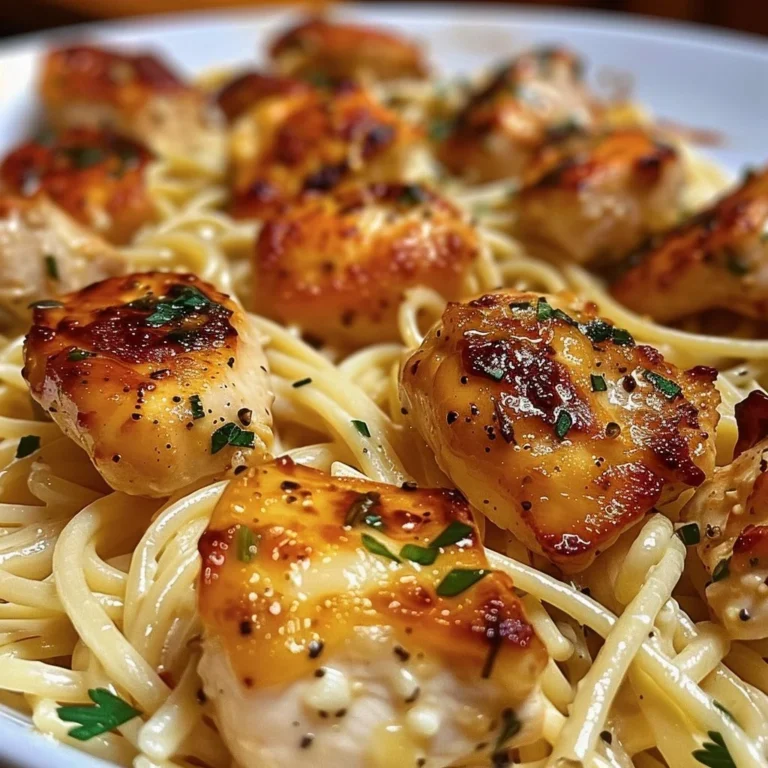 Garlic Butter Chicken Bites served on a plate with creamy Parmesan pasta