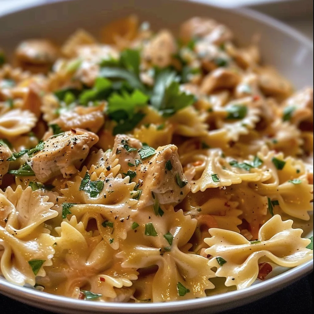 Delicious Garlic Butter Chicken Bowtie Pasta served in a bowl