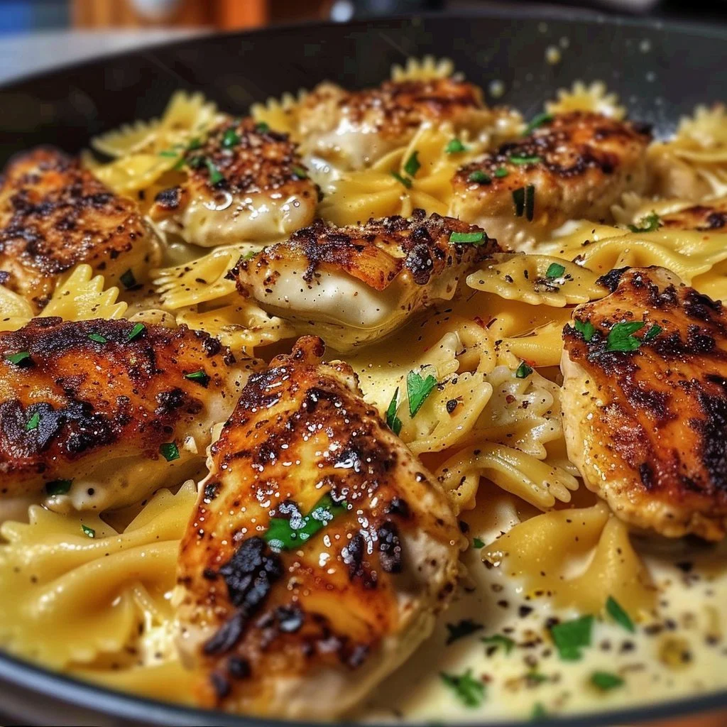 Garlic Butter Chicken Bowties with Cheesy Mozzarella Cream Sauce in a serving bowl