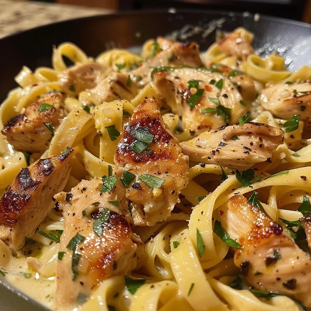 Plate of Garlic Butter Chicken Pasta garnished with herbs