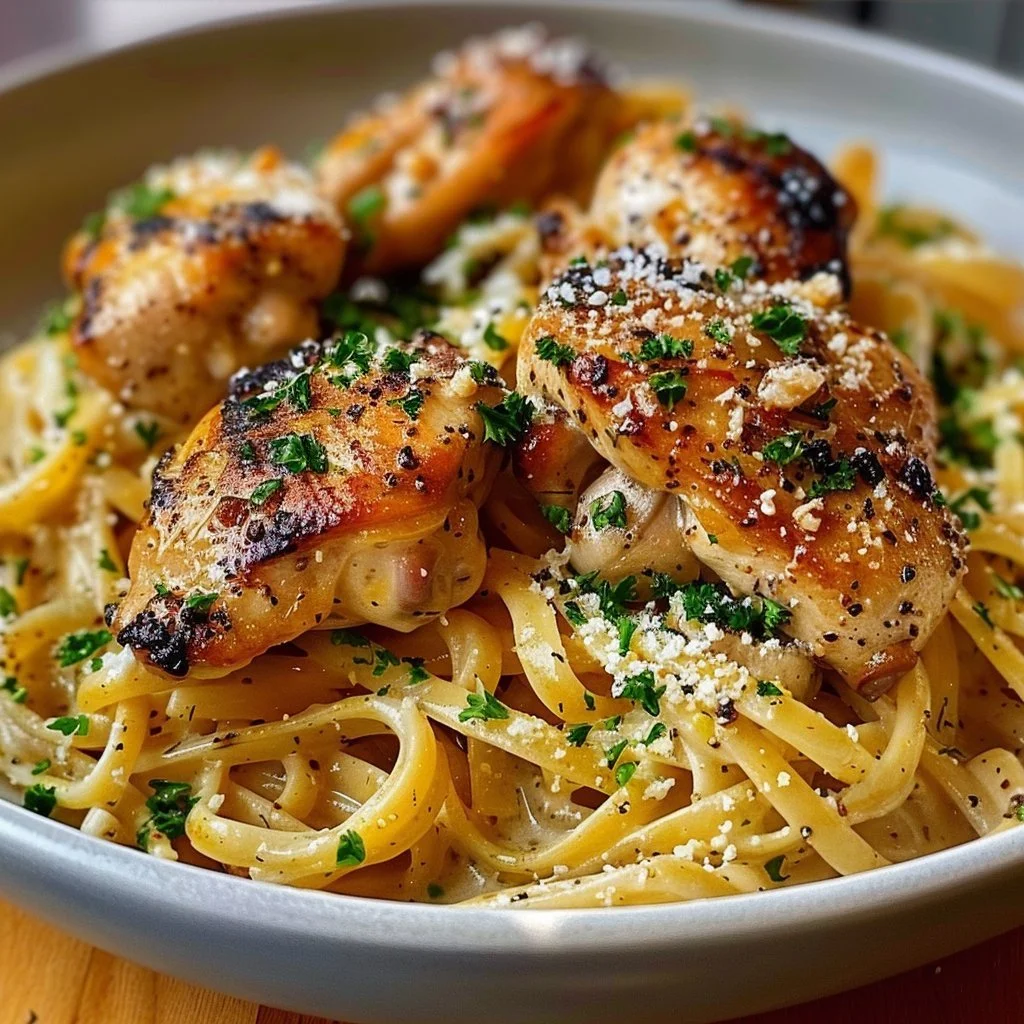 Plate of Garlic Butter Chicken Pasta topped with parsley and parmesan cheese