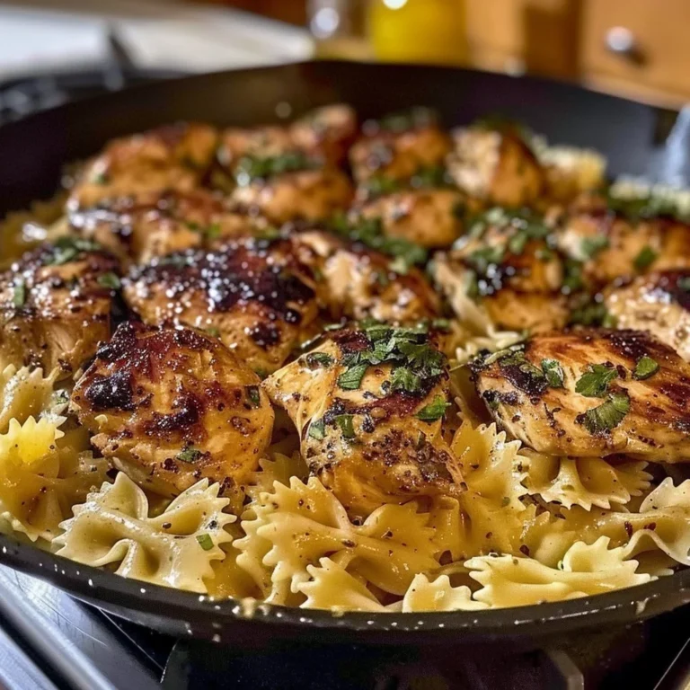 Plate of Garlic Butter Chicken served with Bowtie Pasta garnished with herbs