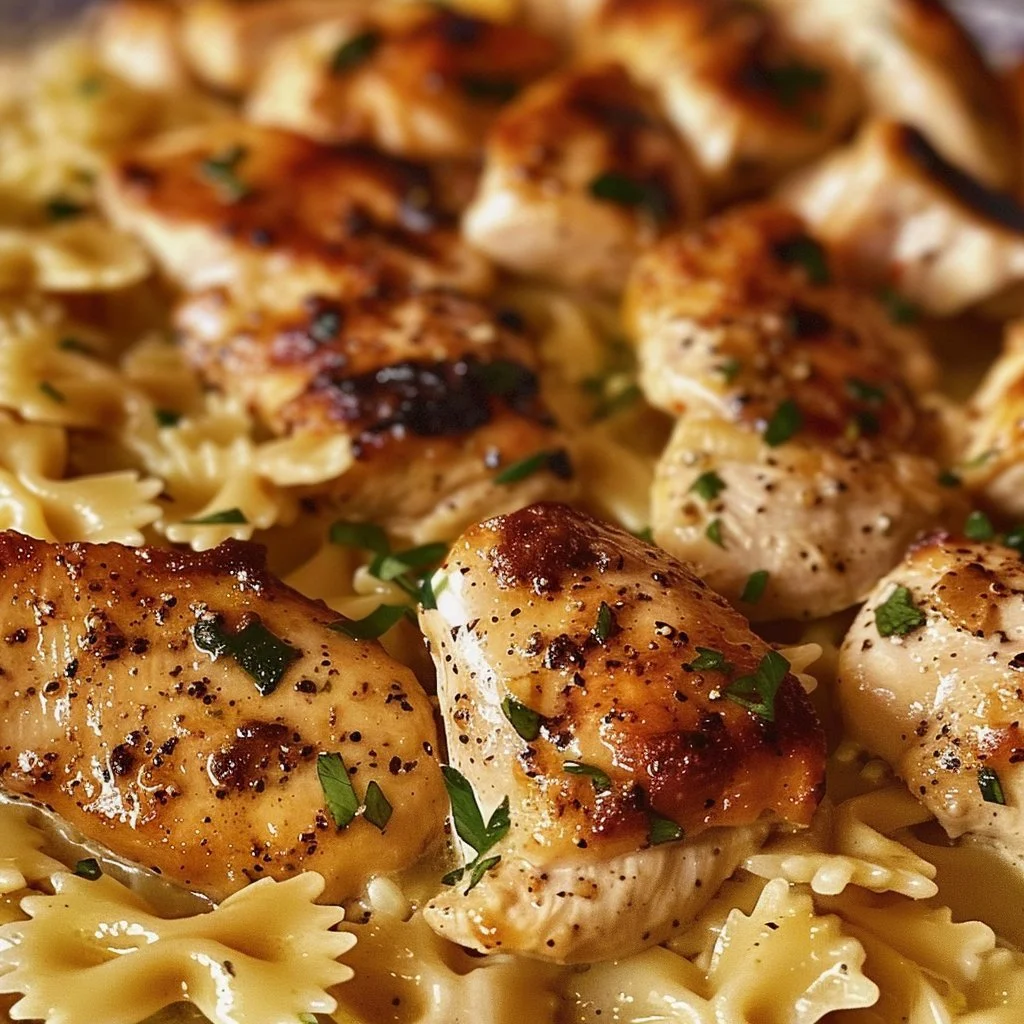 Delicious Garlic Butter Chicken with Bowtie Pasta plated elegantly