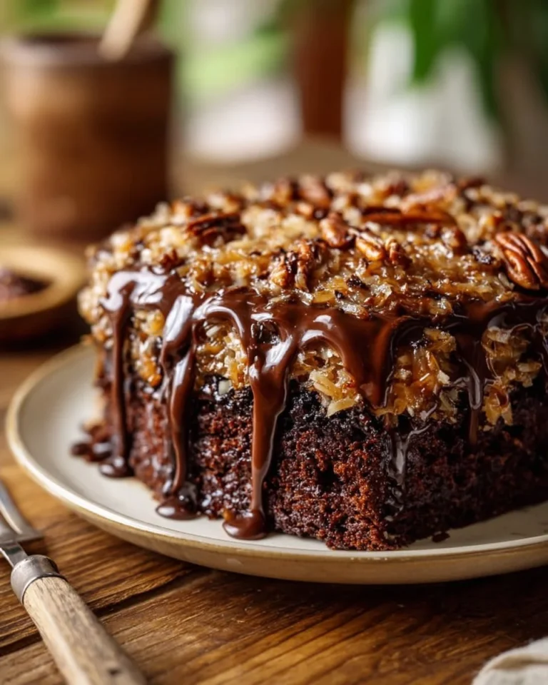 German Chocolate Poke Cake Squares topped with coconut and pecans