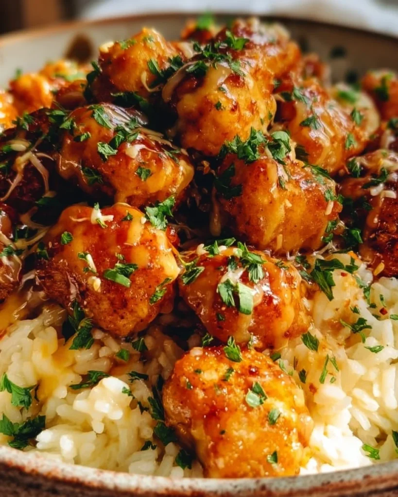 Honey Garlic Chicken Bites served with creamy Parmesan rice dish