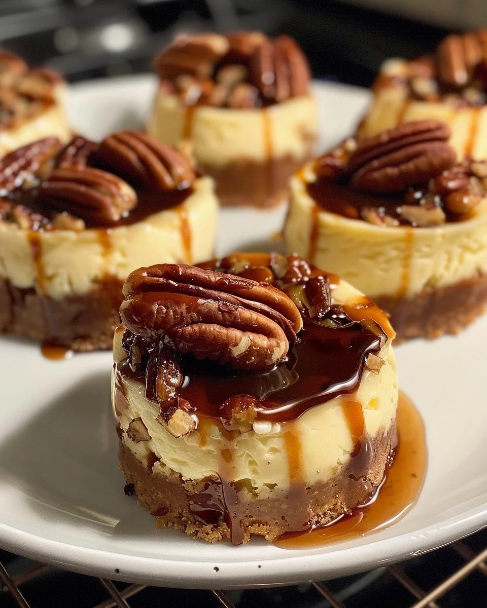 Delicious mini pecan pie cheesecakes topped with pecans