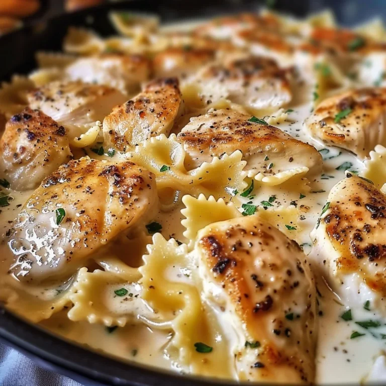 Delicious Mozzarella Garlic Butter Chicken Bowties in Cheesy Cream served in a bowl