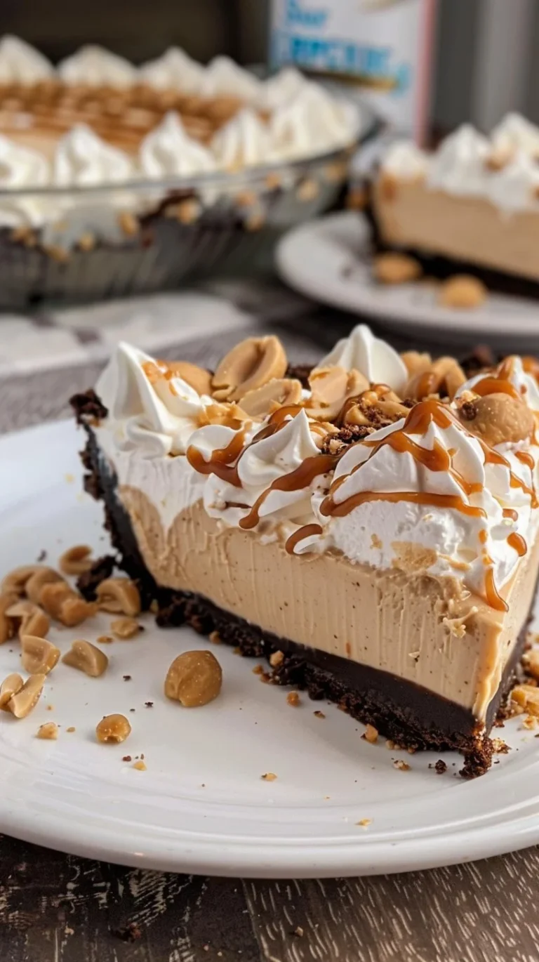 Delicious no bake peanut butter pie topped with whipped cream and chocolate drizzle.