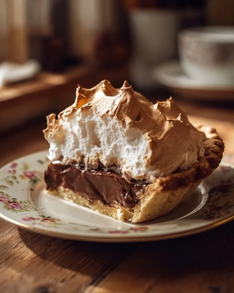 A slice of old fashioned chocolate meringue pie with fluffy meringue topping.