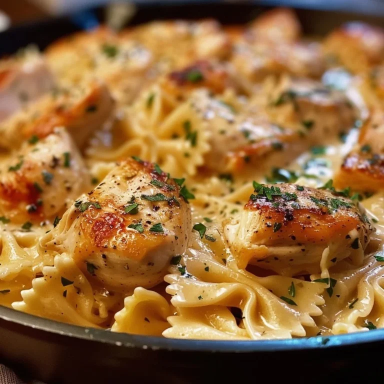 One Pan Creamy Garlic Chicken served with Cheesy Bowtie Pasta on a plate