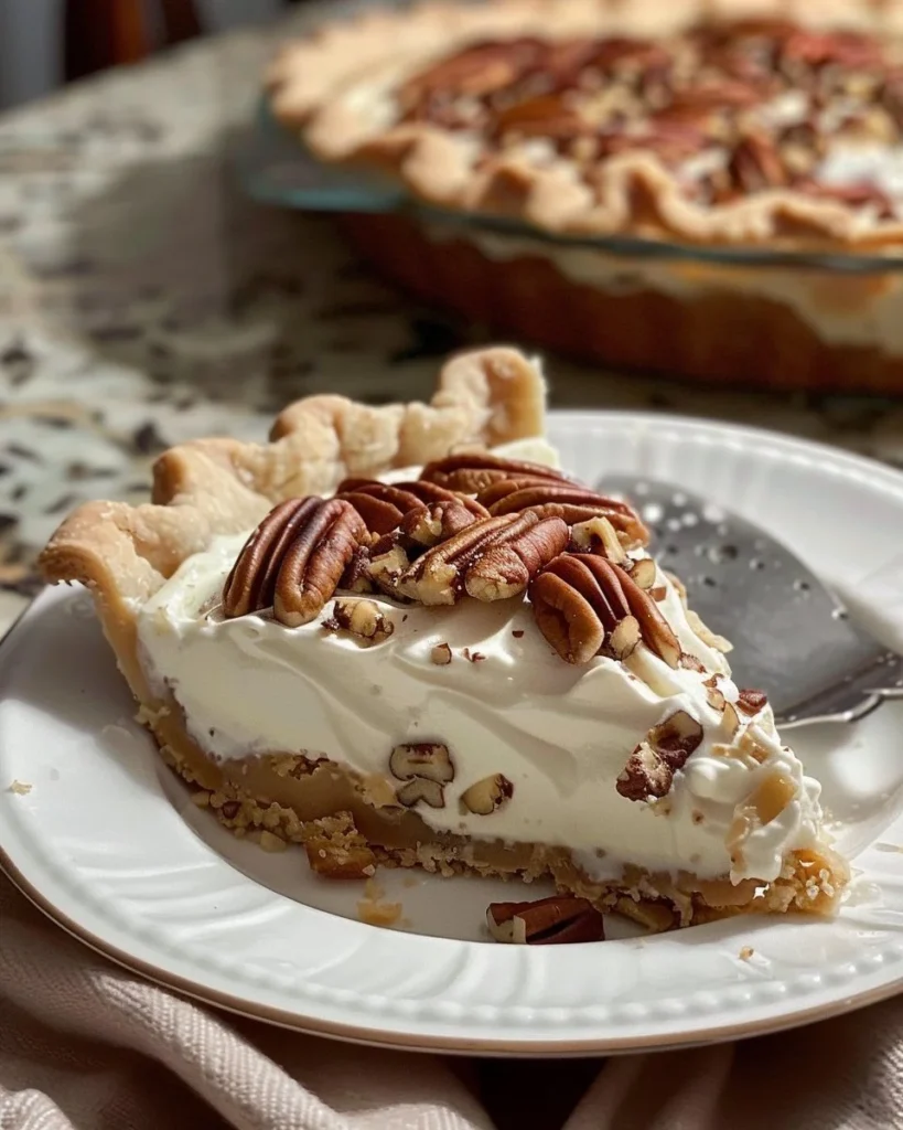 Delicious pecan cream pie with whipped cream and pecan topping on a golden crust