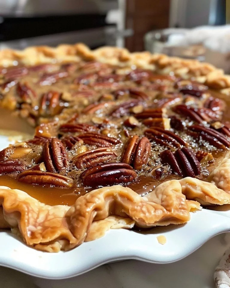 Delicious homemade pecan pie with golden brown crust and nutty topping