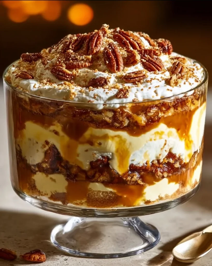Delicious pecan pie cheesecake trifle served in a glass bowl.