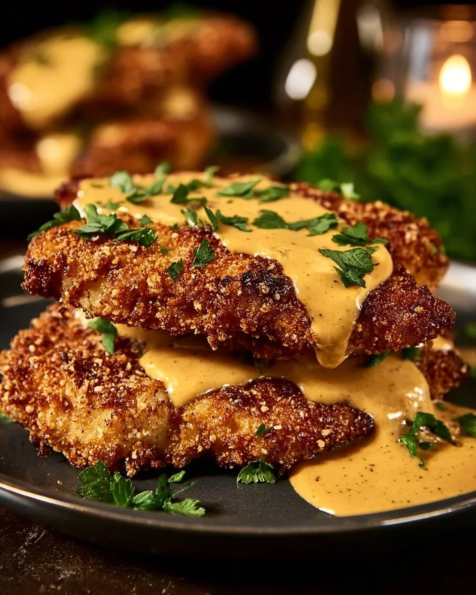 Pretzel-Crusted Chicken with Creamy Mustard Cheddar Sauce