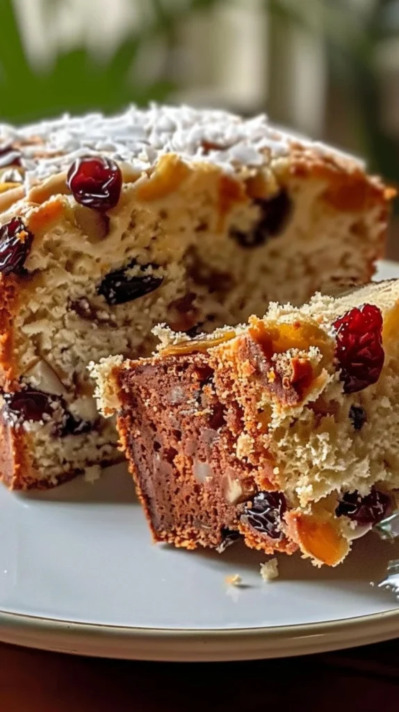 Rich and moist coconut cake with mixed fruits, beautifully presented on a plate.