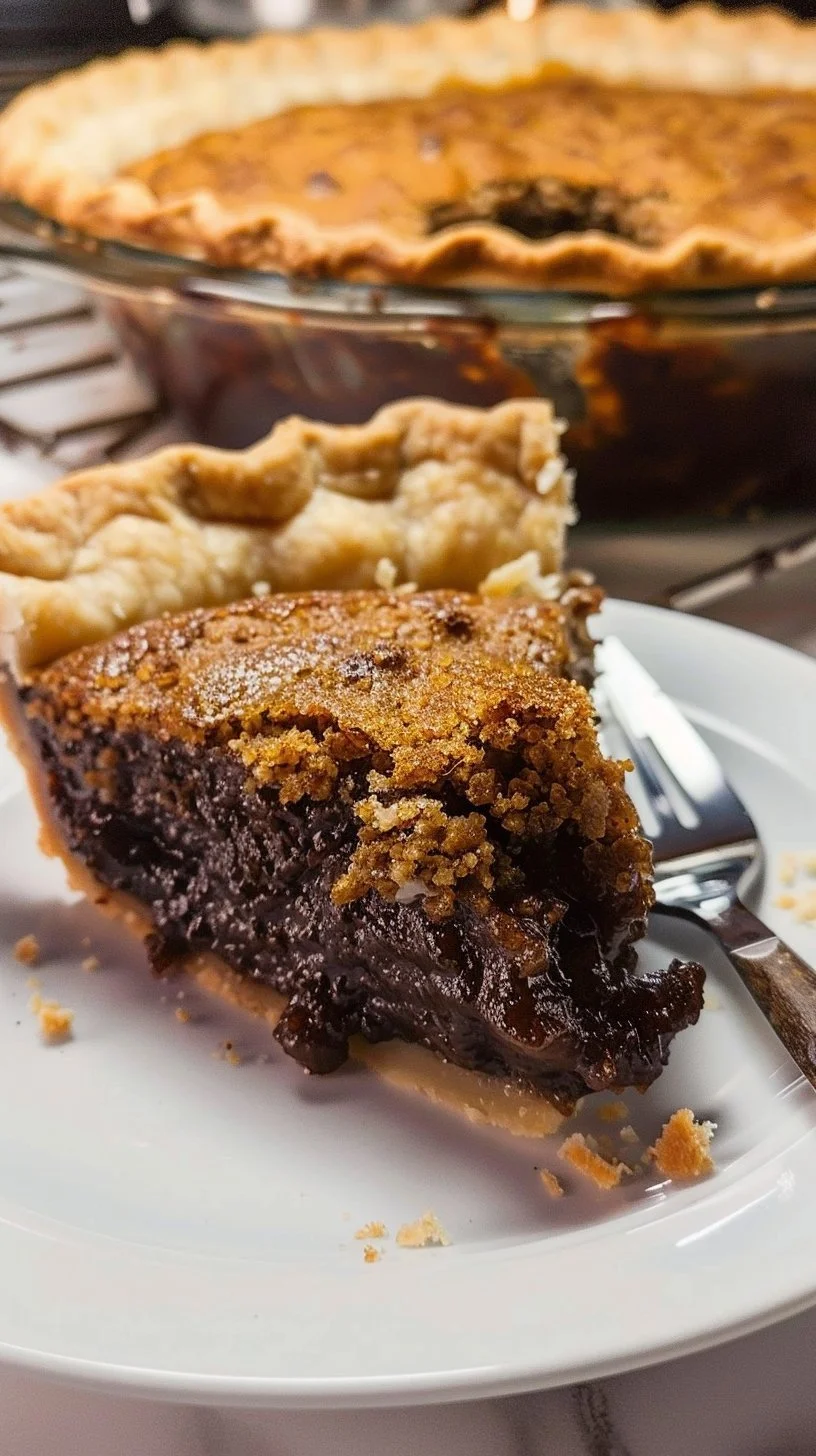 Slice of homemade Shoofly Pie with a rich molasses filling and crumb topping