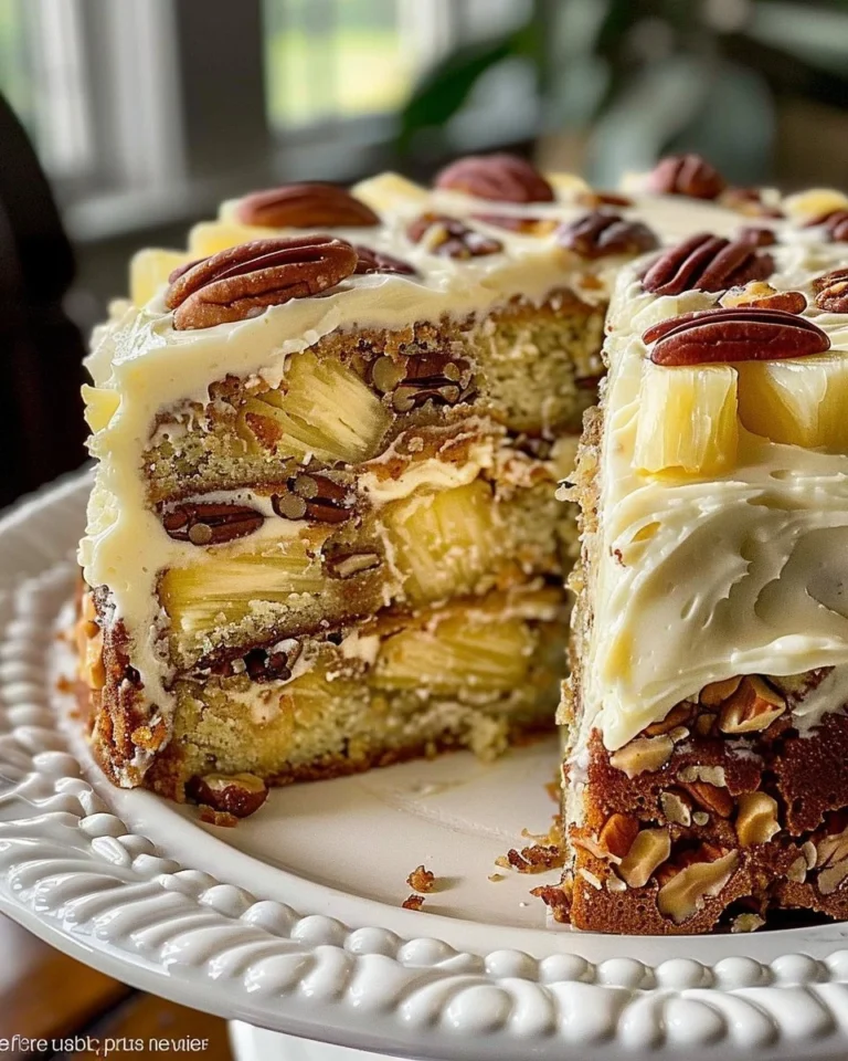 Delicious Southern Creamy Pineapple Pecan Cake with creamy frosting and pecans