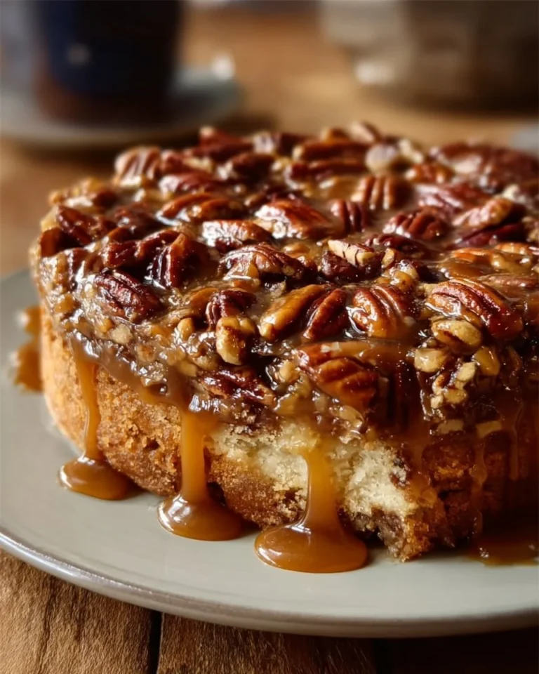 Delicious Southern Pecan Praline Cake topped with praline sauce