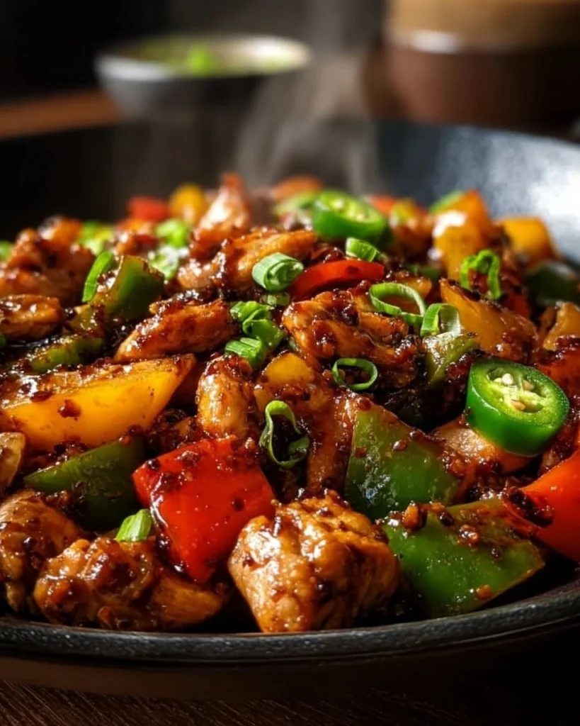 Spicy Jalapeño Chicken Stir-Fry served on a plate with colorful vegetables.