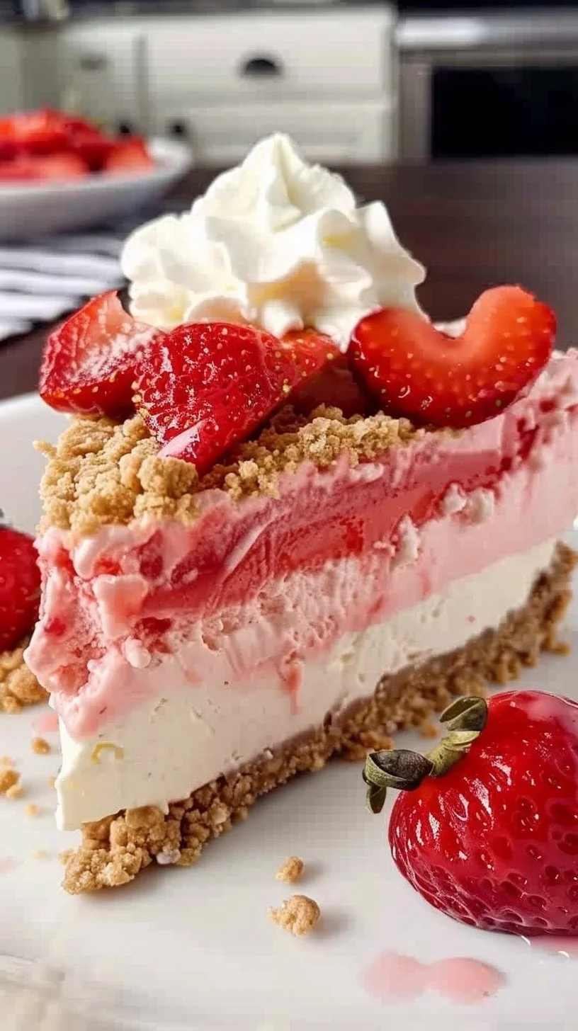 Delicious Strawberry Crunch Cheesecake with creamy layers and crunchy topping