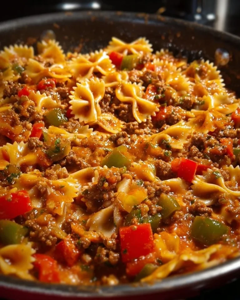 A vibrant skillet of stuffed pepper pasta with colorful vegetables and cheese